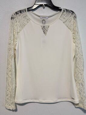 Calvin Klein Ivory Lace-Sleeve Long-Sleeve Top